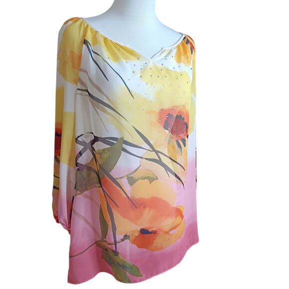 JM COLLECTION Sheer Blouse Top M‎ Floral Bright Colorful Artsy Travel Vacation - Picture 1 of 10